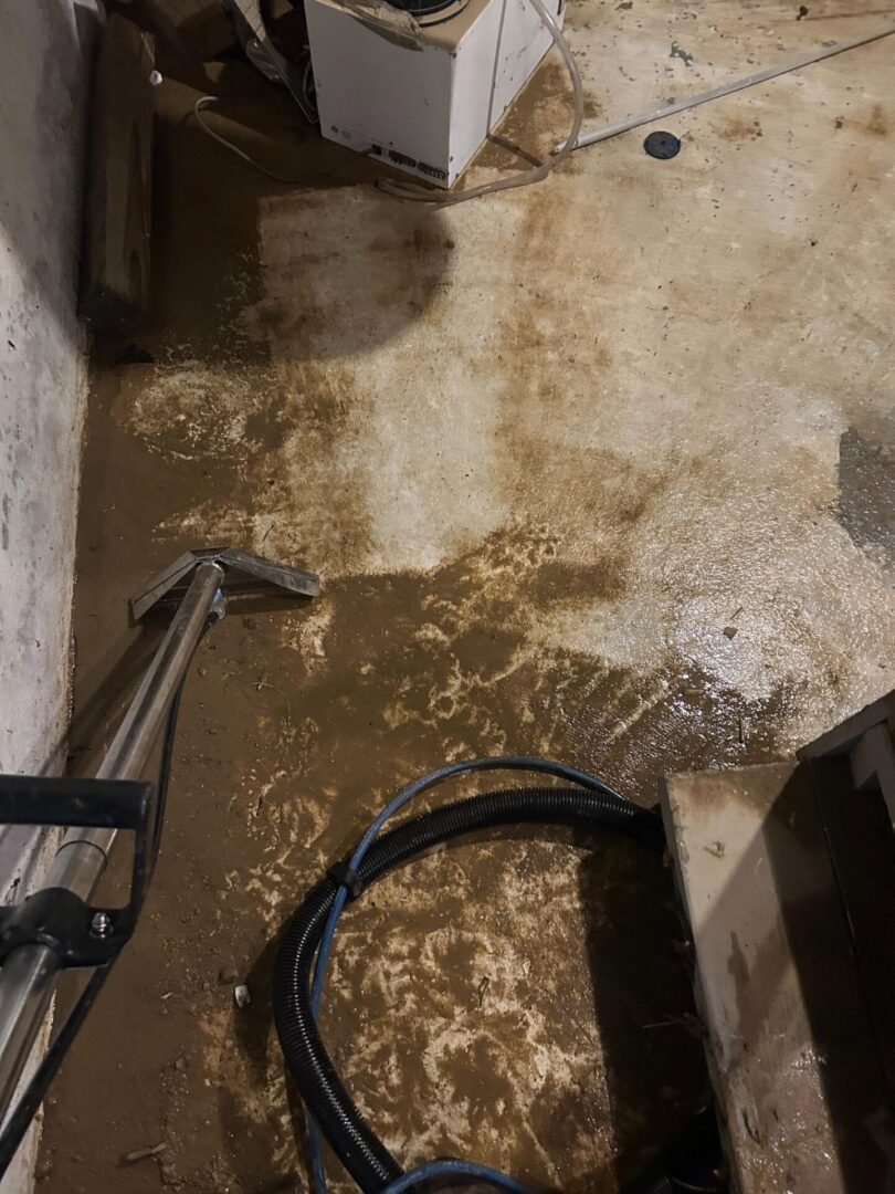 A dirty, wet basement floor with scattered debris and a hose.