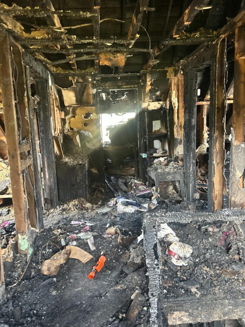 Burned interior of a room after a severe fire.