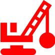 Red wrecking ball crane icon on black background.