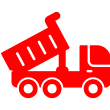 Red dump truck icon with raised bed.