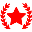 Red star emblem with laurel wreath on black background.