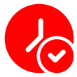 Red clock icon with a checkmark symbol.