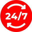 24/7 service icon with red background and black arrows.