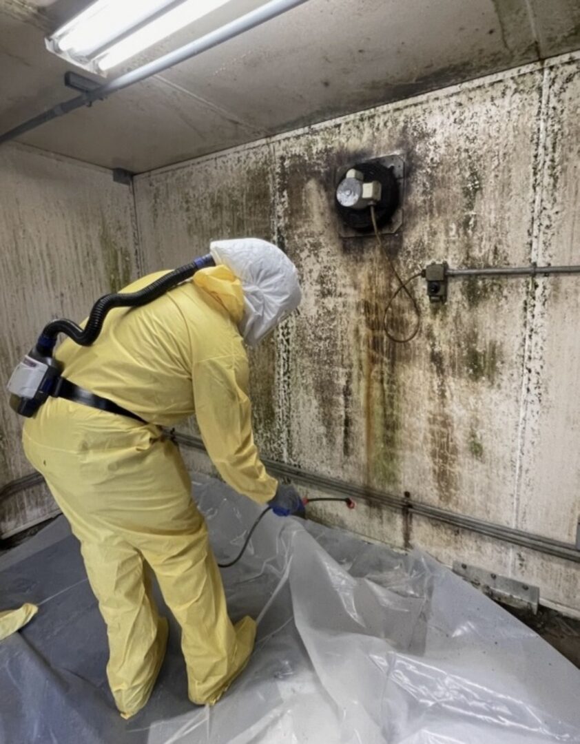 Red Ridge technician in protective suit and respirator treating mold inside plastic containment