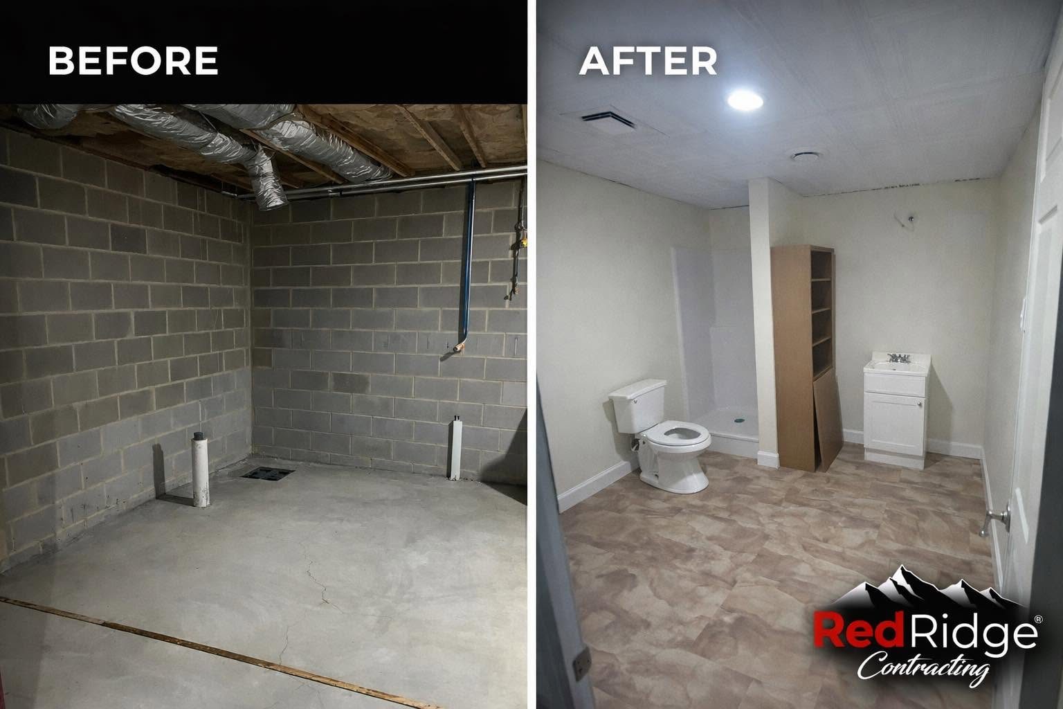 Before and after of a concrete block room converted into a finished bathroom