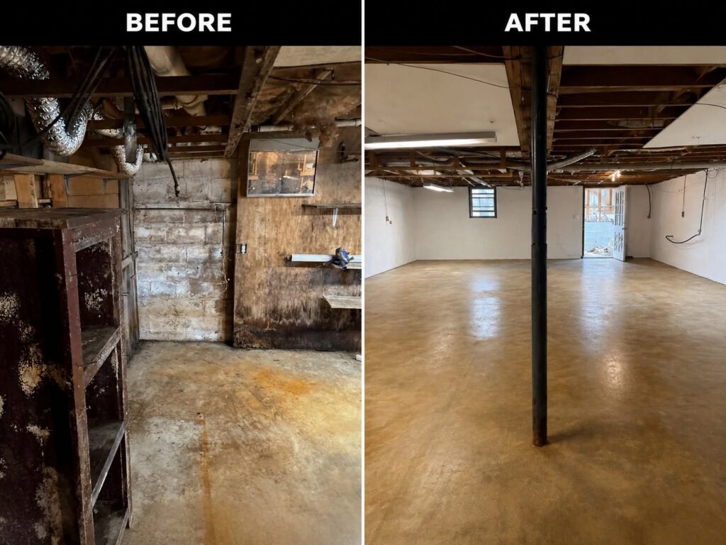 Before and after of a basement taken from cleanup to finished floor by one contractor
