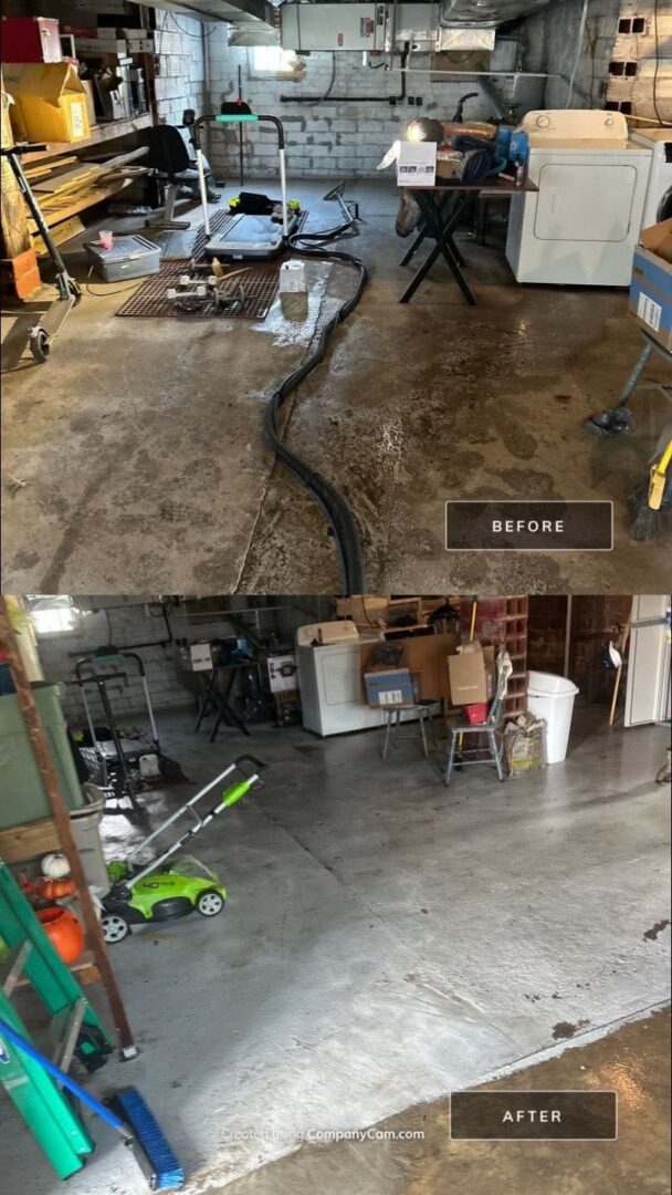 Before and after of a flooded basement cleanup with mud removed from the concrete floor