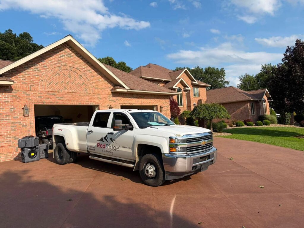 Red Ridge Contracting truck at a brick home for a repair job