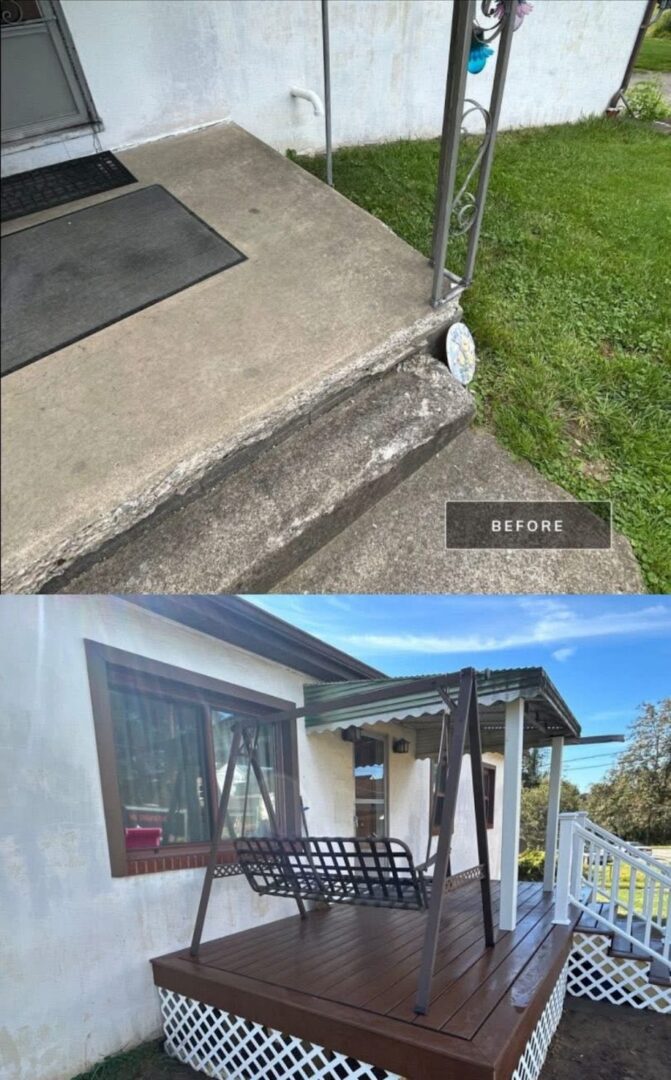 Before and after of concrete front steps replaced by a stained wood porch with white railing